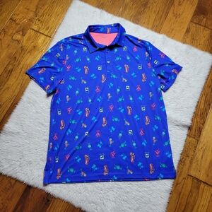 Birdie Bound Polo Shirt Men's Large Duck Cocktail Print Golf Blue